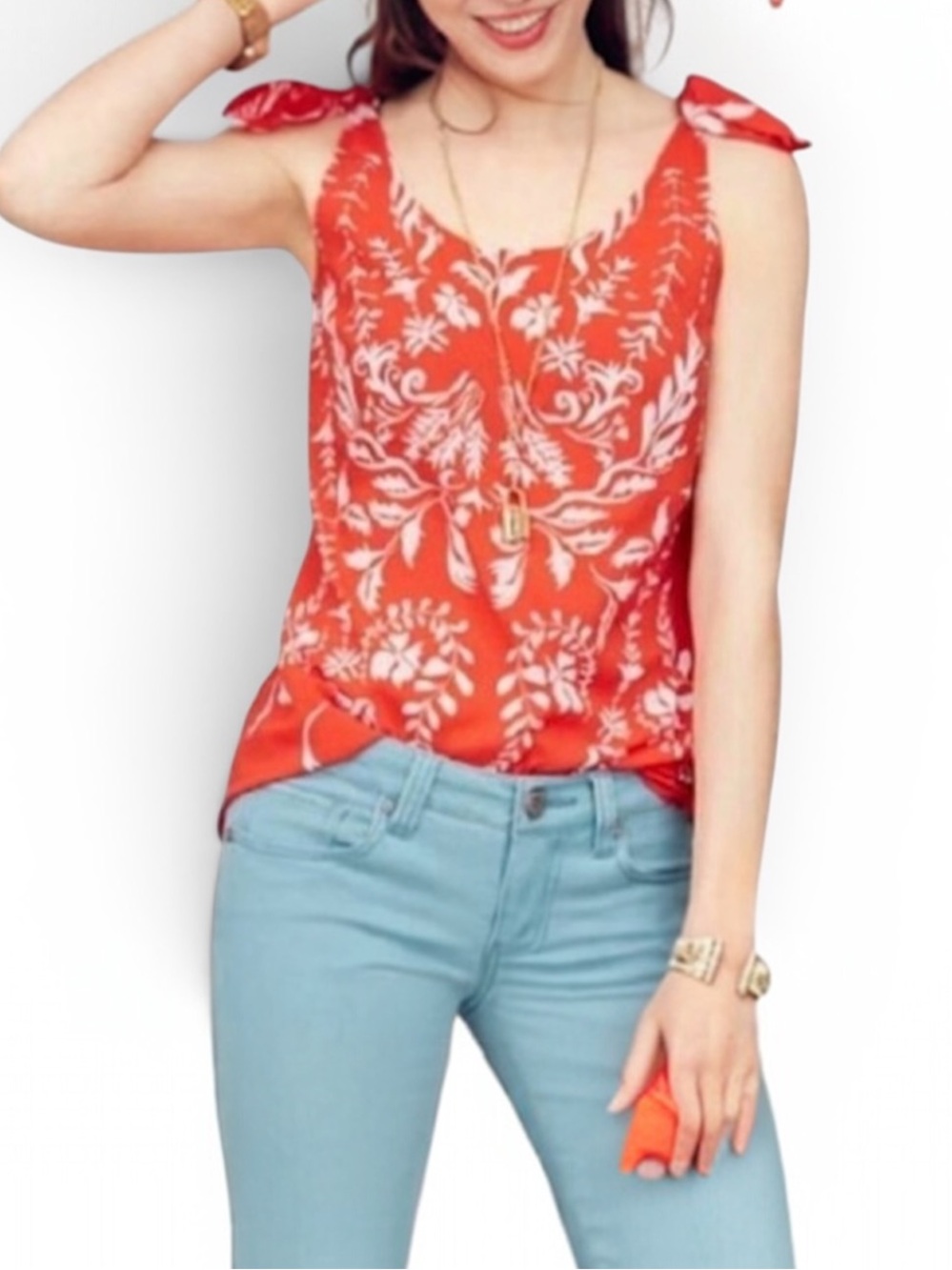 CAbi Modern Mosaic Tank w/Knotted Bow Shoulder in Red/White Size S #5255